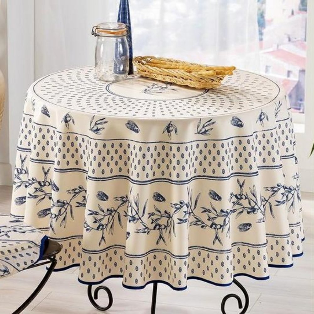 71" ROUND CICADAS OLIVE BLUE FRENCH TABLECLOTH NEW